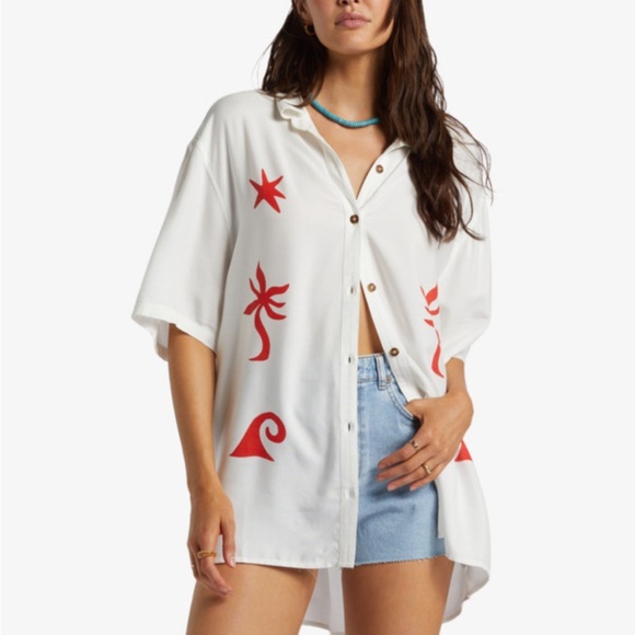 Billabong On Vacation White Button Up Beach Top sz Medium - Picture 1 of 7